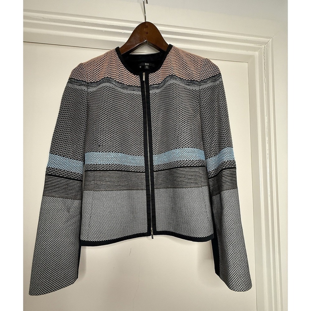 Wom Sz 8 HUGO BOSS Striped Open‎ Crochet Color Blocked City Zip Up Jacket Blazer